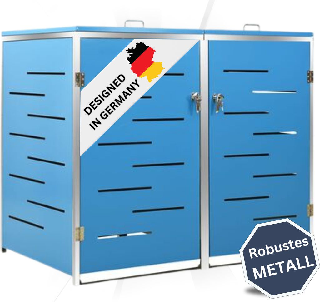 DELUKE 2er Mülltonnenbox JAGU Edelstahl | Blau | 115,5x138x77,5cm | Mülltonnenverkleidung für 2 Tonnen 240L Müllbox aus Metall Mülltonnensch...