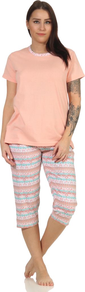 Damen kurzarm Schlafanzug Pyjama mit Capri Hose im Ethnolook - 66627 ; apricot , 44