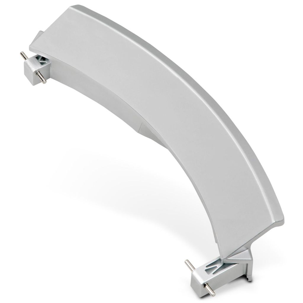 A silver appliance door handle is shown against a white background.