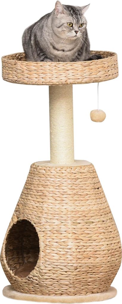 Katzenhöhle Kratzbaum mit Ballspielzeug, 82,5 cm hoch, gelb, Sisal und Plüsch für Kätzchen