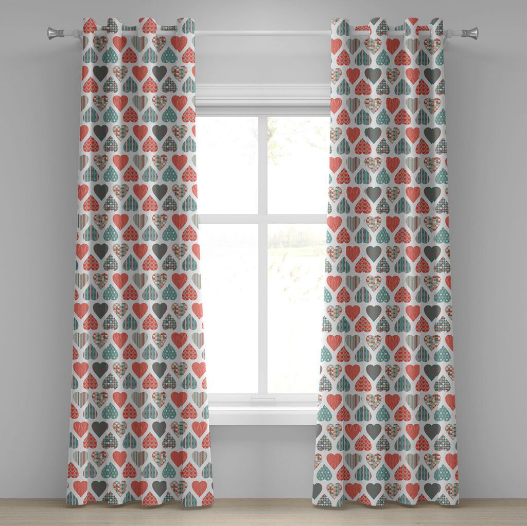 ABAKUHAUS Valentines Ösenvorhang, Retro-Stil auf und ab Herzen mit Streifen Wellen und karierten Mustern, Dekorative 2-Panel-Fenstervorhänge, 280...