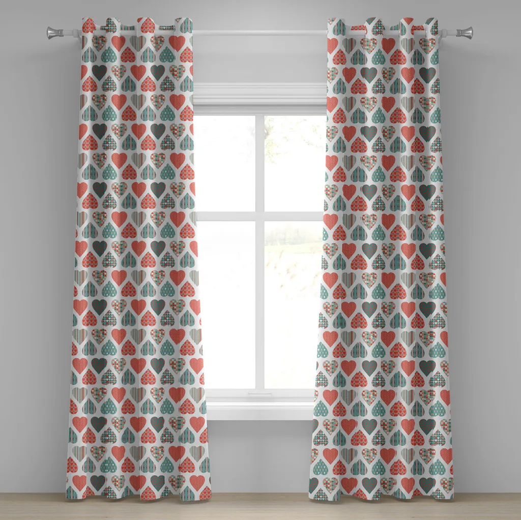 ABAKUHAUS Tenda con occhielli Valentines, stile retrò con cuori, strisce ondulate e motivi a quadri, tende decorative a 2 pannelli, 280 cm x 245 cm, verde acqua corallo bianco