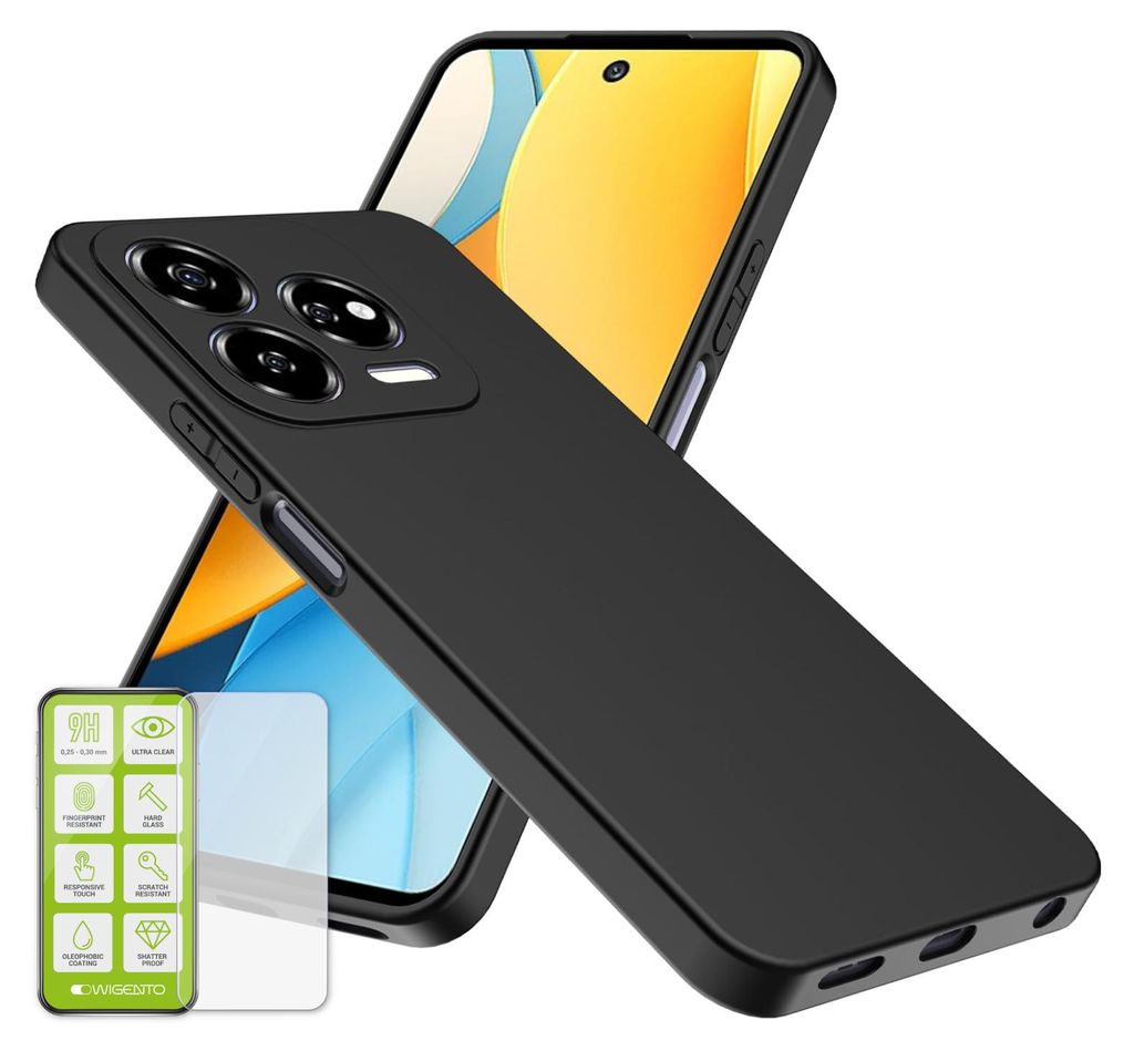 A black phone case is shown diagonally in front of a smartphone with a yellow and blue screen.