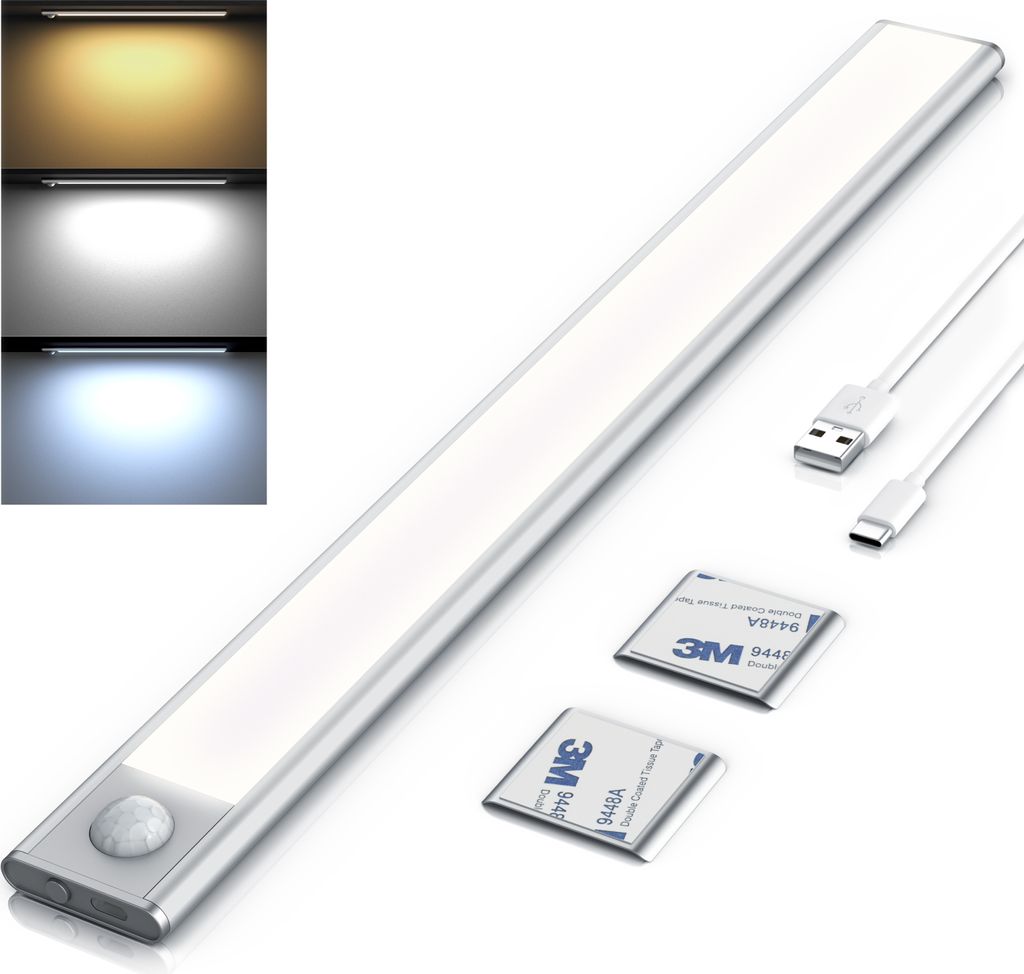 Brandson LED Unterbauleuchte, Lichtleiste, Schrankbeleuchtung mit Bewegungsmelder kabellos, 3 Lichtfarben, Akku abnehmbar, Silber
