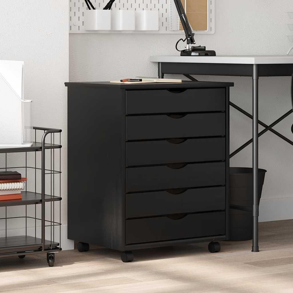 A black filing cabinet with six drawers is shown in a room with a desk and a shelving unit.