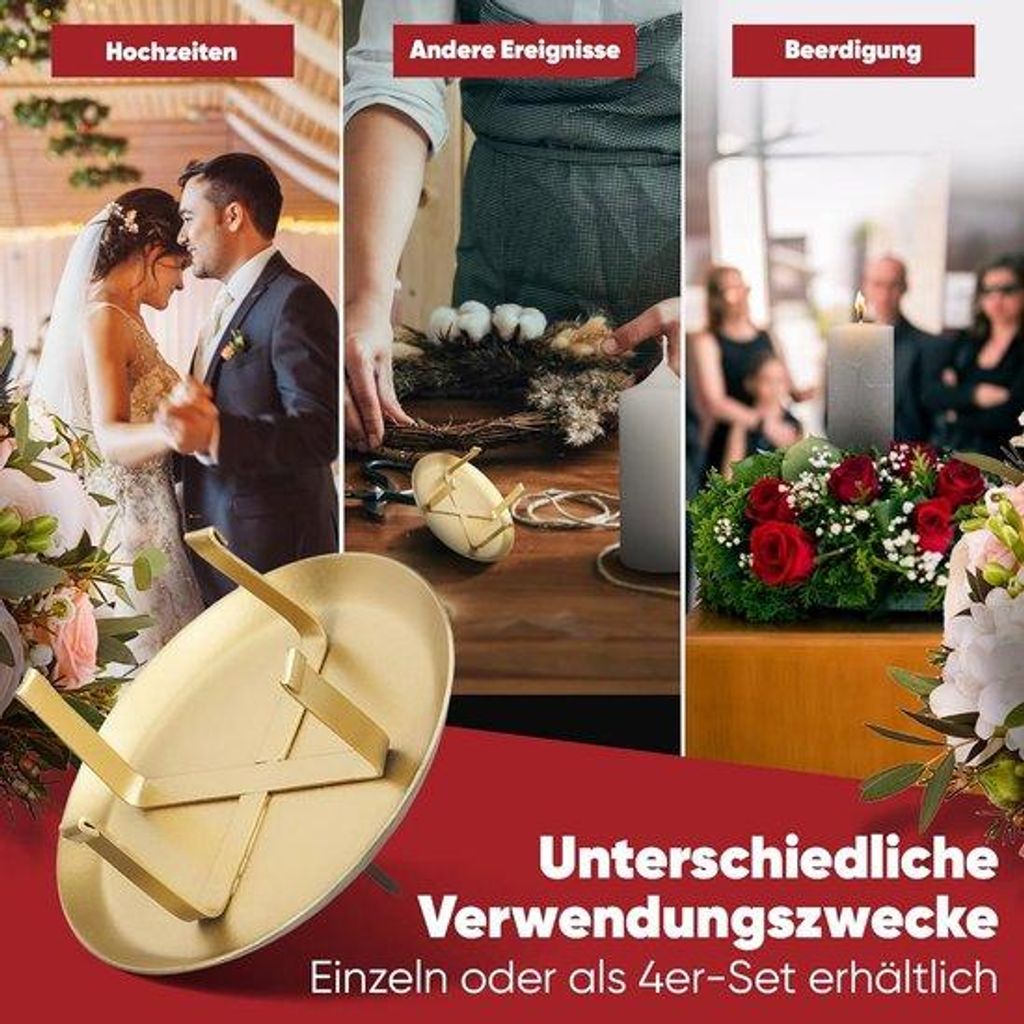 Famanu Kerzenhalter Set von 4 – Gold, stabil für Adventskränze und Stumpenkerzen