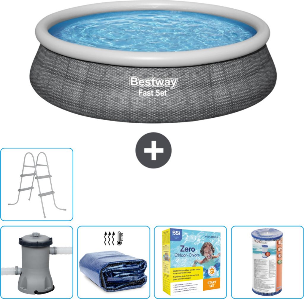 Bestway runder aufblasbarer Fast-Set-Pool – Rattan-Druck – 457 x 84 cm – inklusive Pumpe Sonnensegel - Wartungspaket - Filter - Leiter