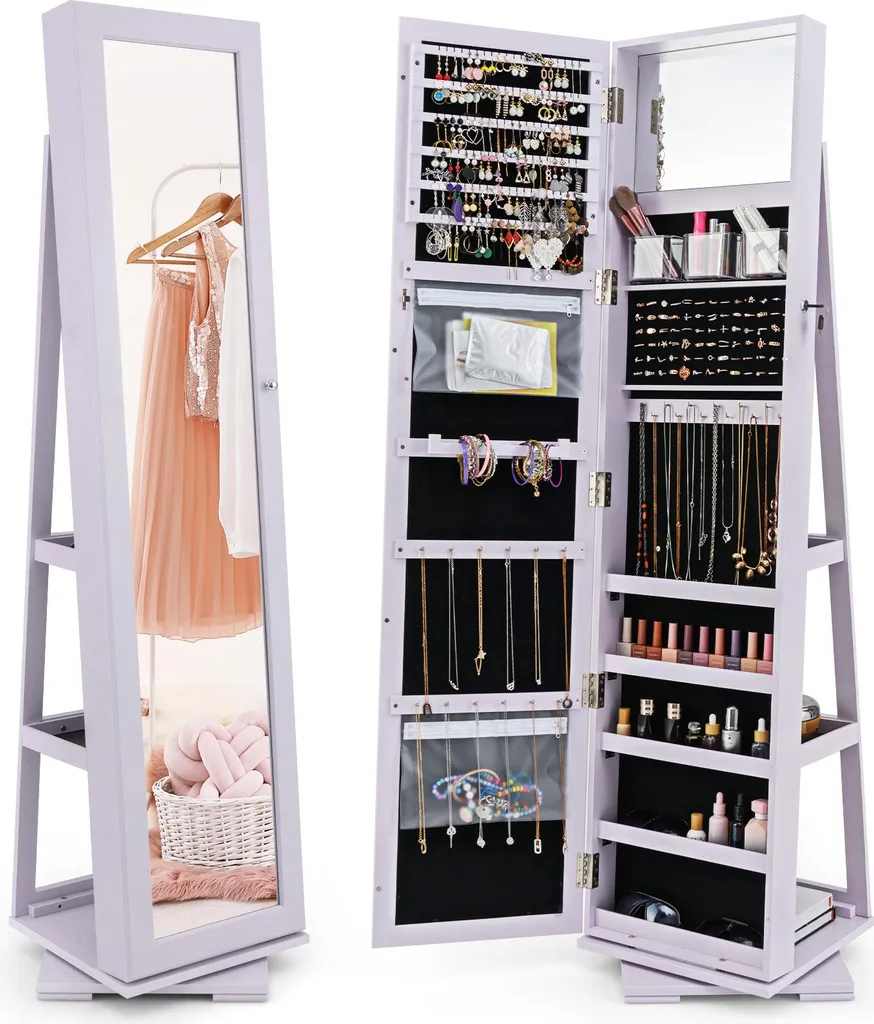 Armadio Portagioie 360° COSTWAY Viola - Specchio Intero e LED