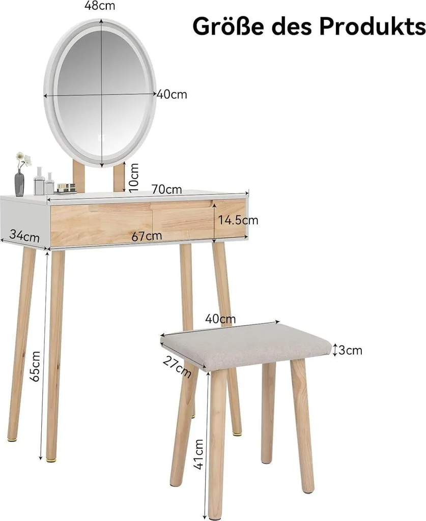 Coiffeuse avec éclairage LED réglable, miroir et 2 tiroirs - Modèle LUNA - 5