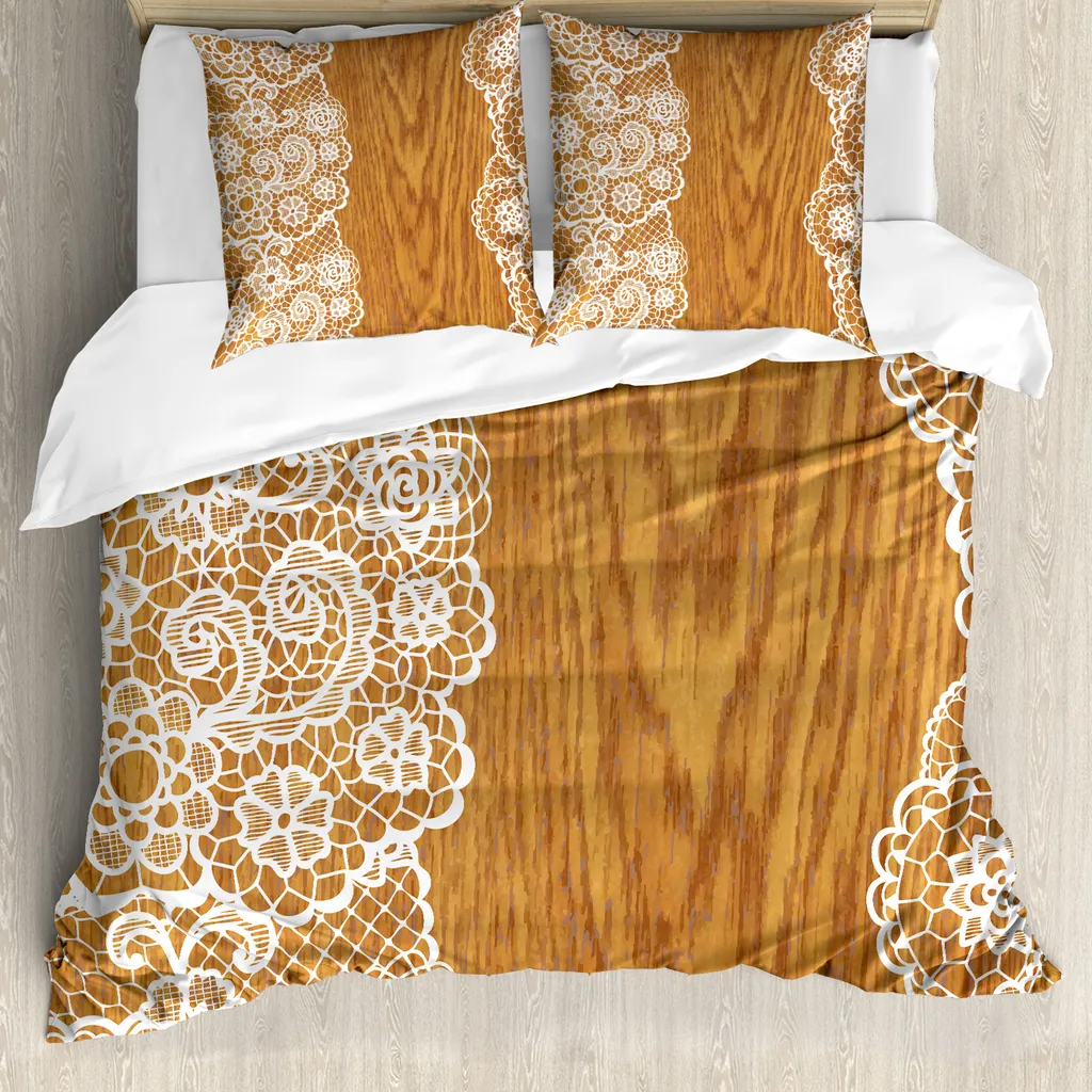 ABAKUHAUS Copripiumino vintage, pizzo in legno retrò, antiacaro, adatto a chi soffre di allergie, con federe, 155 cm x 220 cm - 80 x 80 cm, Pale Caramel Bianco
