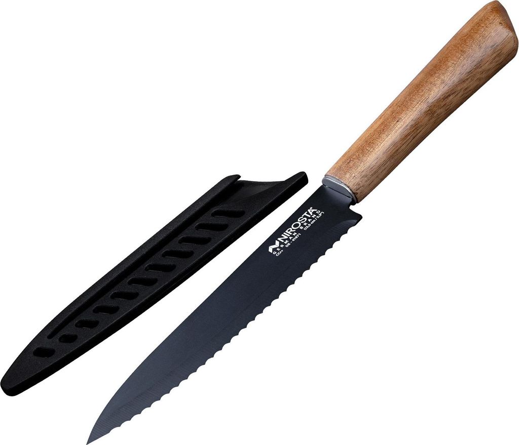Nirosta Küchenmesser Flow gezahnt mit Antihaftbeschichtung und Akaziengriff Perfekt für Obst und Gemüse, 24 cm Länge