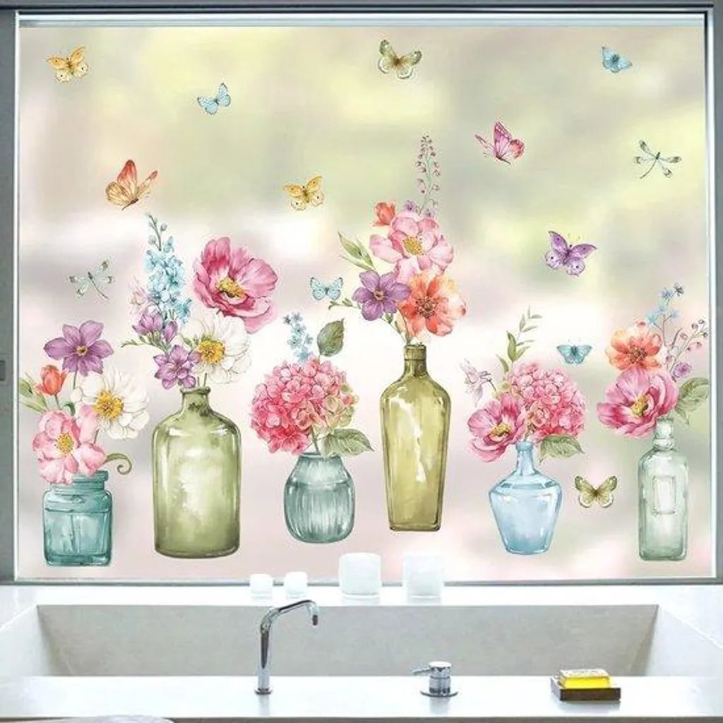Autocollants de fenêtre fleurs roses et oiseaux anti-collision - 6 pièces