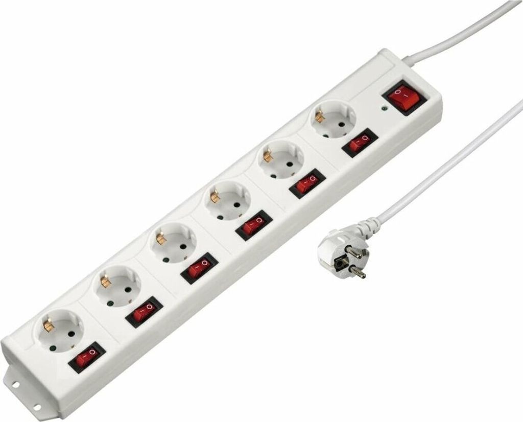 A white power strip with six outlets and a plug on a white background.