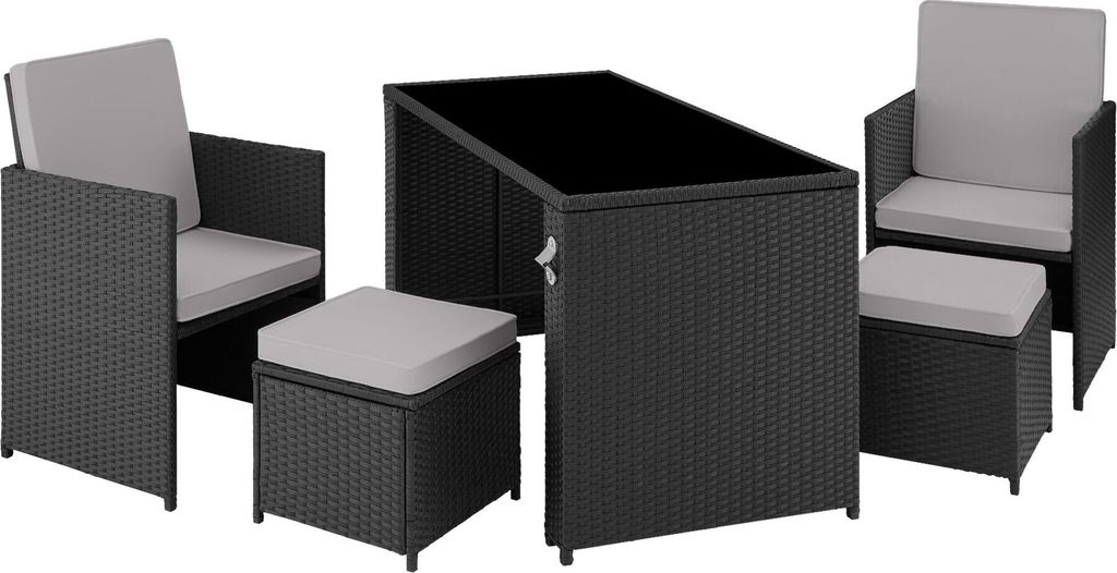 A set of outdoor furniture including two chairs, two ottomans, and a table, arranged on a white background.