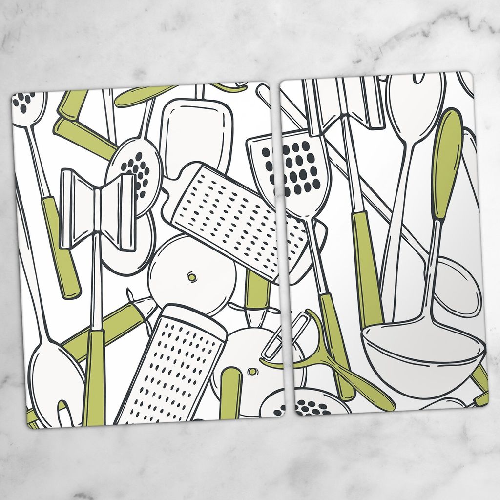 Glas-Herdabdeckplatten Glaskeramikkochfeld-Abdeckung Spritzschutz Schneidebrett Zweiteilige Glas 70x52 cm Besteck Küchenhelfer
