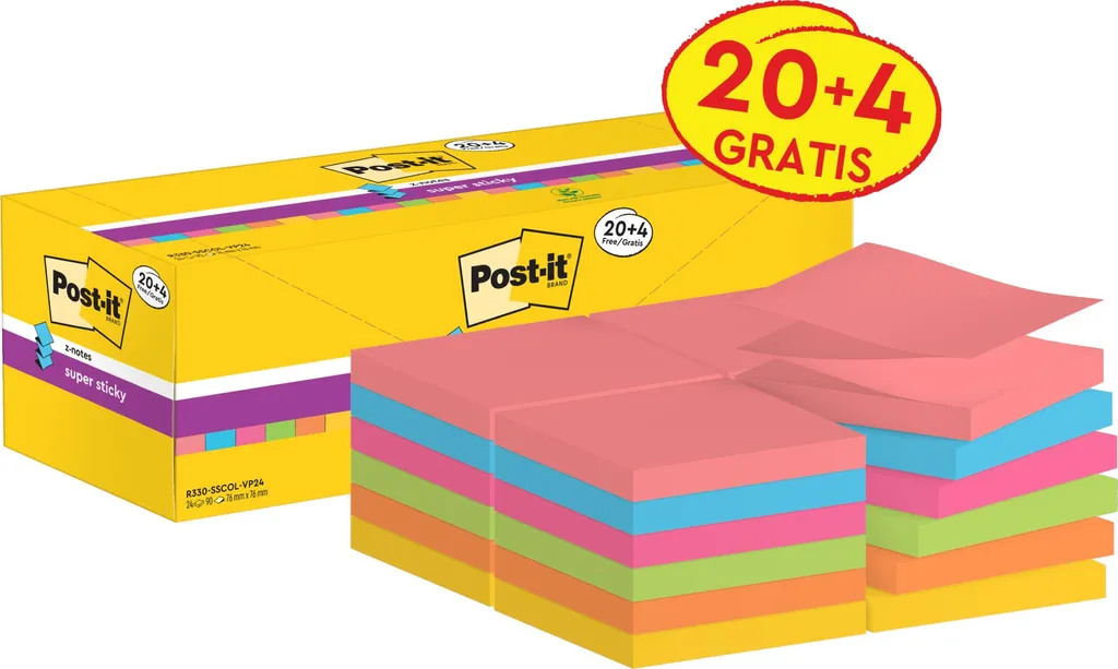 Post-it Z-Note R330 SS 76x76mm Assorti 3M MemoBlok - Pack de 24 Blocs