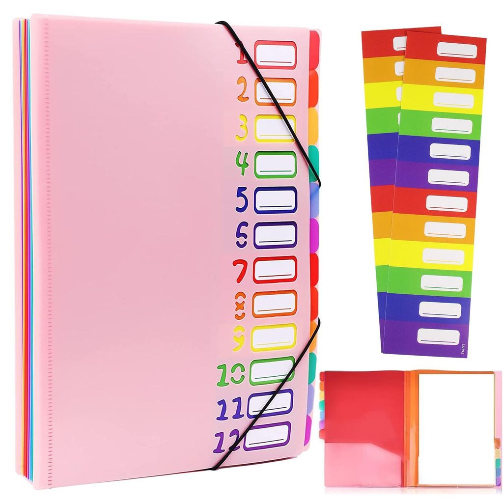 A4-Dokumentenmappe mit 12 Fächern – Wasserdichte PP-Kunststoffmappe mit Gummiband und farbigen Etiketten – Tragbarer Organizer für Schule/Bü...