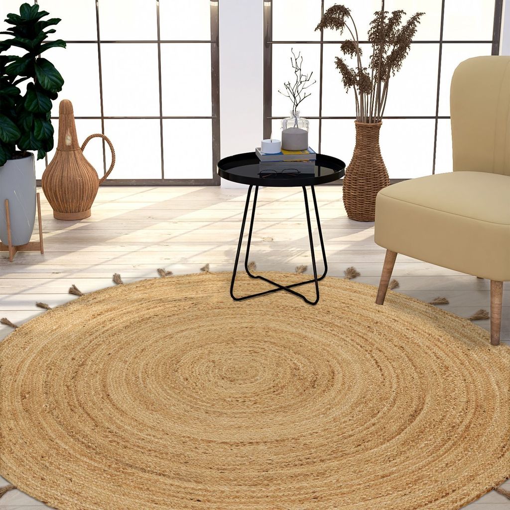 TT Home Wohnzimmer Teppich Naturfaser Boho Design Ethno Handgefertigt Größe 80 cm Rund