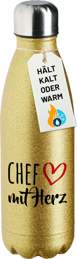 Huuraa Trinkflasche Chef mit Herz 500ml Gold Edelstahl Wasserflasche Trinkflasche Geschenkidee