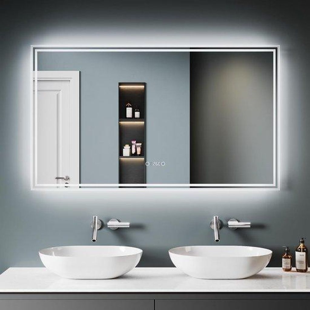Badspiegel mit LED-Licht, Bluetooth und Uhr, 120x70 cm, Anti-Nebel