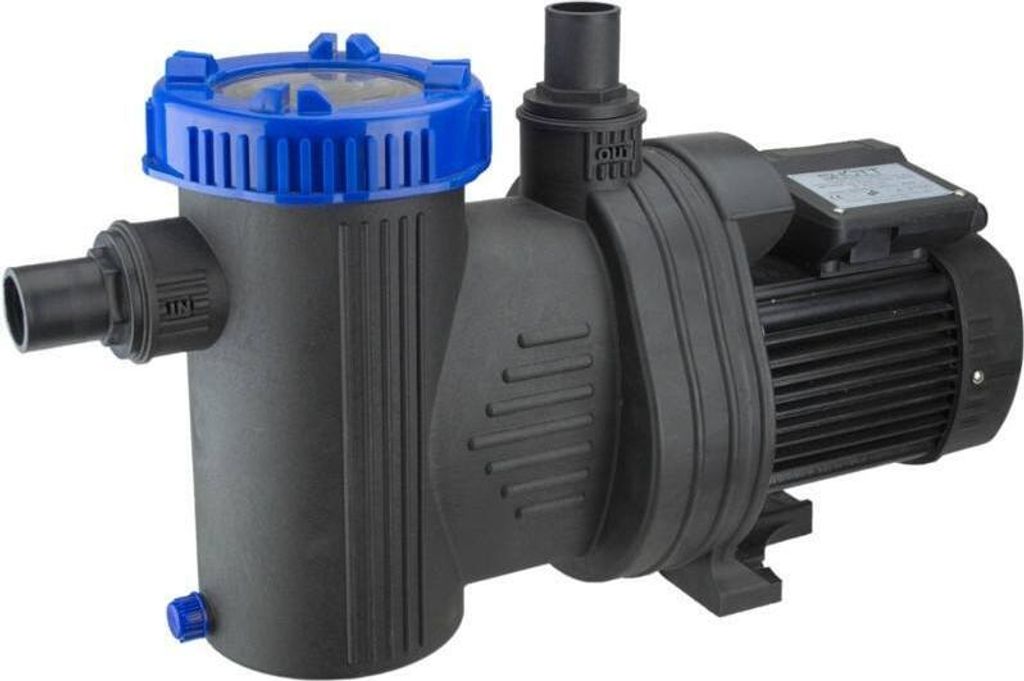 A black and blue swimming pool pump is shown against a white background.