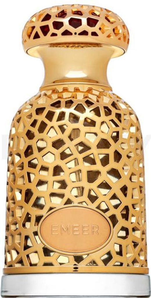 A close-up studio shot of a gold perfume bottle.