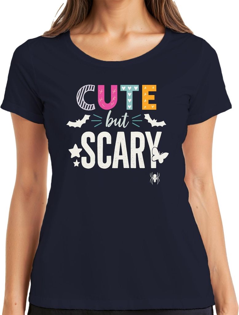 Cute but Scary Halloween Süß gruselig Mädchen Fledermaus Spinne Damen T-Shirt, Navy, 3XL