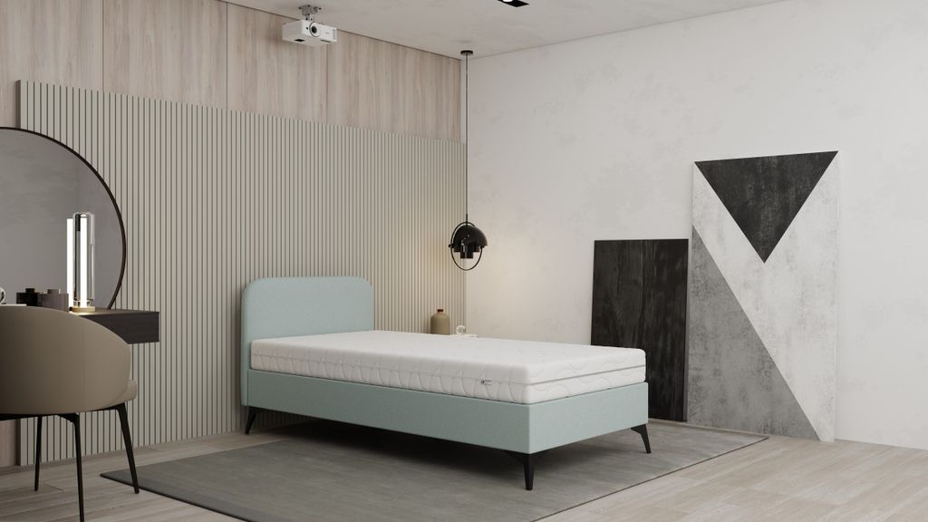 Polsterbett MAVILO - Komfortbett mit Stauraum, Einzelbett, 100x200cm, Blau, Bonellfederkernmatratze, H2/H3