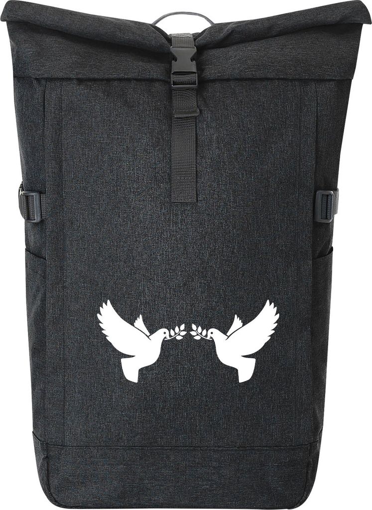 Huuraa Kurierrucksack Friedenstauben 30-44 Liter Black Melange Fairtrade Rolltop Rucksack Geschenkidee