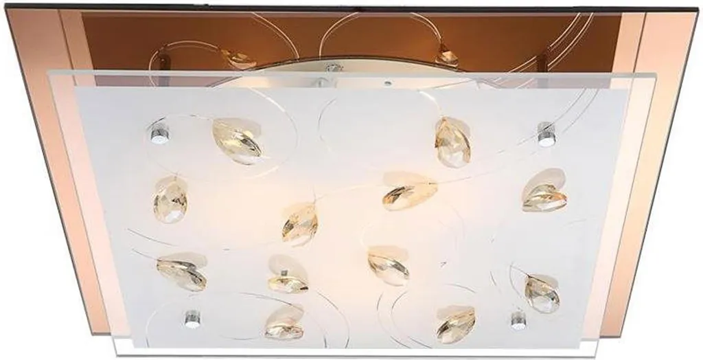 Plafonnier Verre Ambre et Cristaux K5, Design Carré 42cm pour Ampoule E27