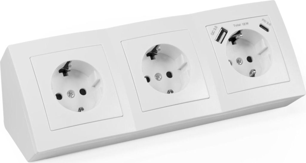 A white, three-socket power strip with two USB ports.