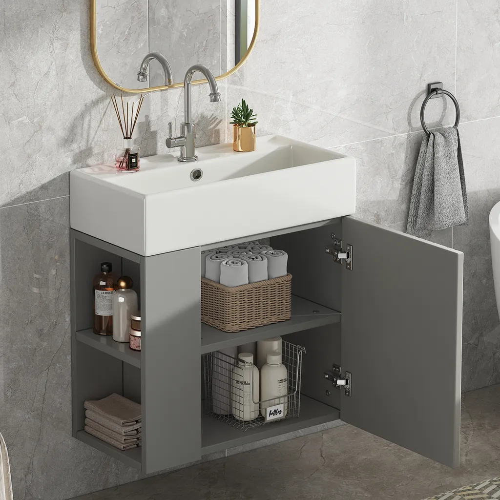 Vasque en céramique sur meuble gris 55 cm avec compartiments ouverts
