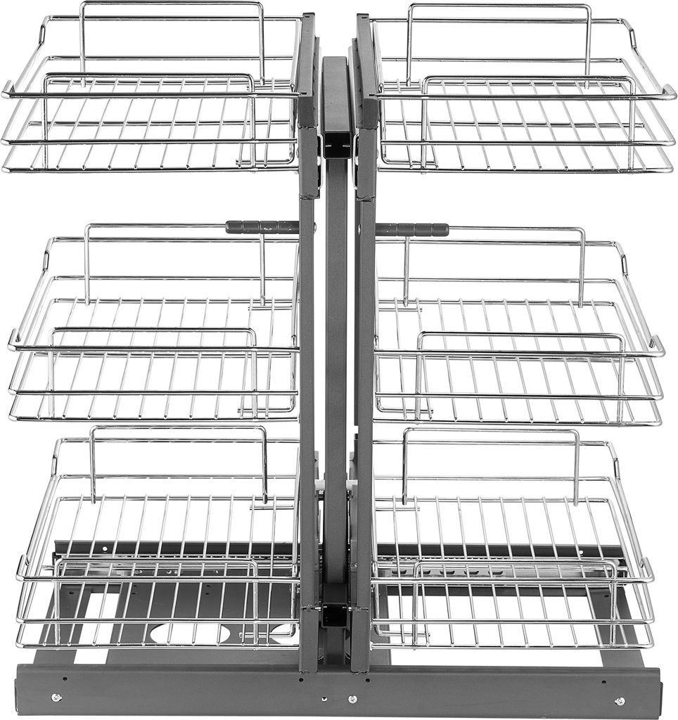 A chrome wire kitchen cabinet organizer with multiple shelves is shown against a light gray background.
