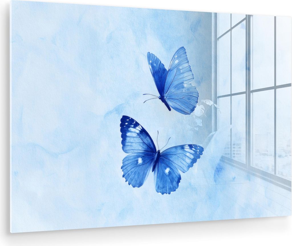 MuchoWow Glasbilder - Bilder auf Wandbild - Foto auf Glas Schmetterlinge - Ornamental - Blau 60x40 cm Wanddekoration aus Glas - Acrylglasbild - Acr...