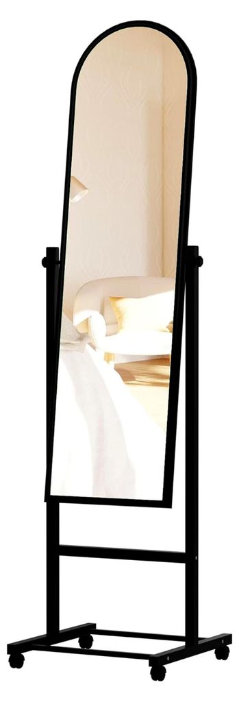 Standspiegel Evoir mit Laufrollen I Ganzkörperspiegel mit Metallrahmen I Neigbarer und 360 Grad drehbarer Stehspiegel, Farbe: schwarz