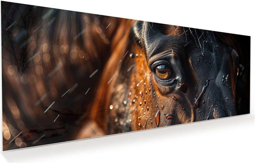 Glasbild 150x60cm in XXL für Wohnzimmer, Schlafzimmer Motiv Pferdeauge im Regen