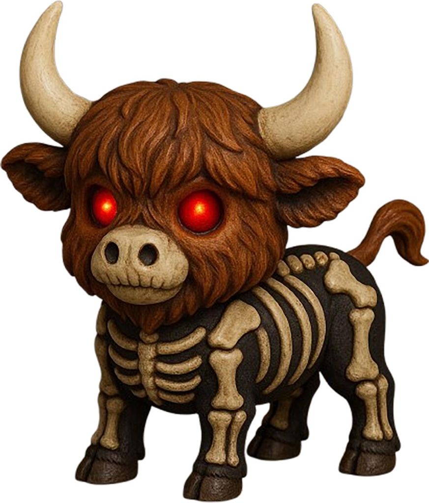 Herbstliches Skelett einer Hochlandkuh, gruselige Figur einer Hochlandkuh mit leuchtend roten Augen, Halloween-Tischfigur aus Kunstharz für die Ti...