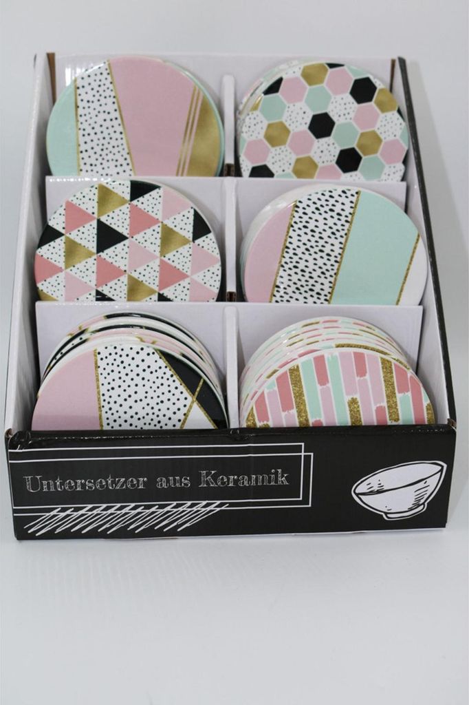 36x Keramik Untersetzer All Day 10,3×10,3 cm – verschiedene Designs als dekorative Glasuntersetzer für Küche Wohnzimmer Gastronomie und modern...