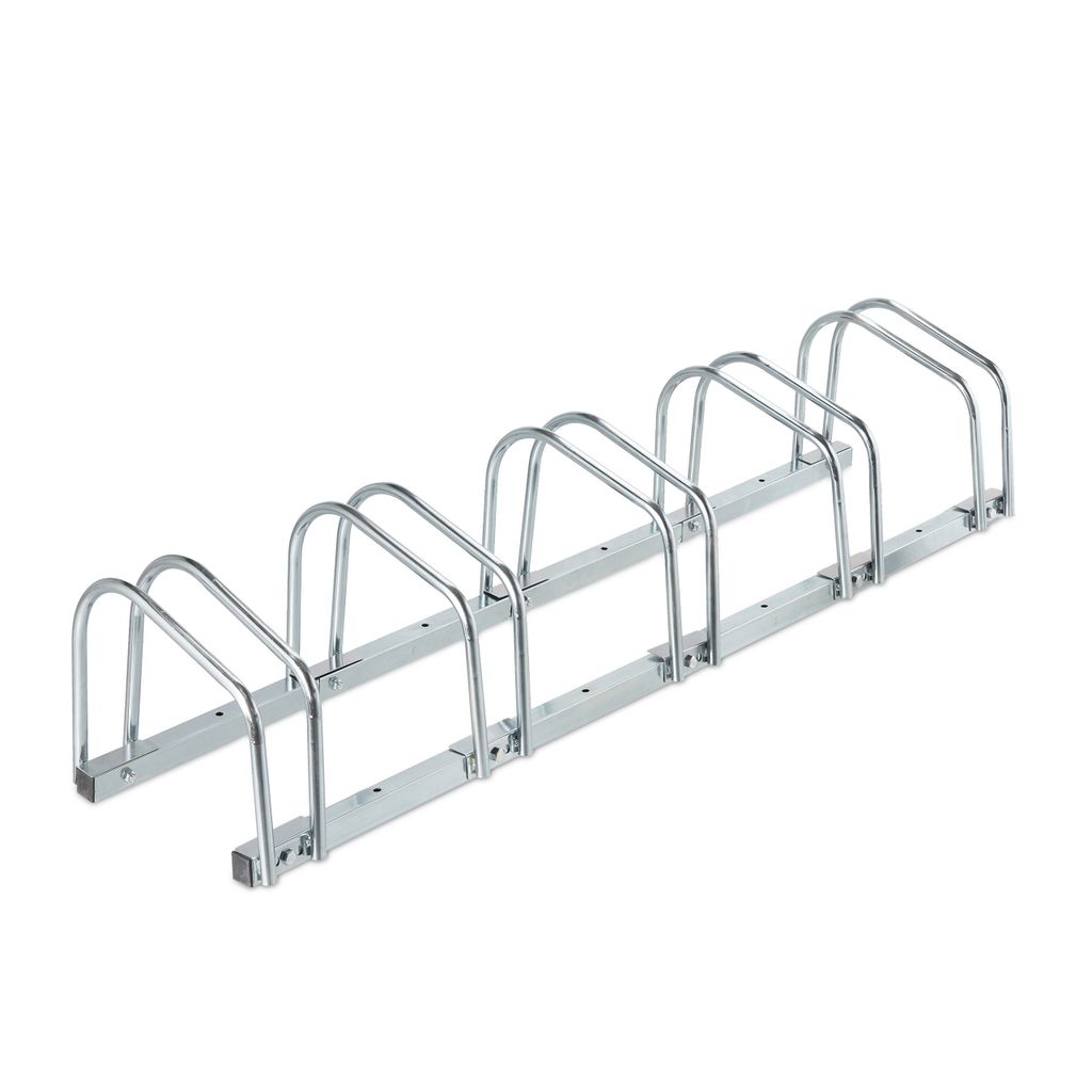 Relaxdays Fahrradständer Boden, für 5 Räder, bis 60 mm Reifenbreite, Metall, Garage, Fahrrad-Aufstellständer, silber