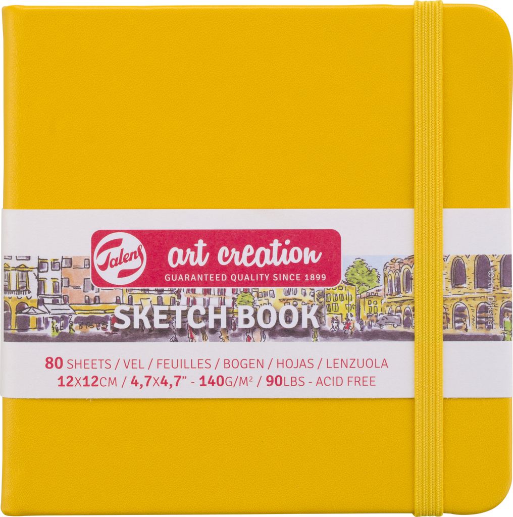 A yellow sketchbook with a white band of text and graphics around it.