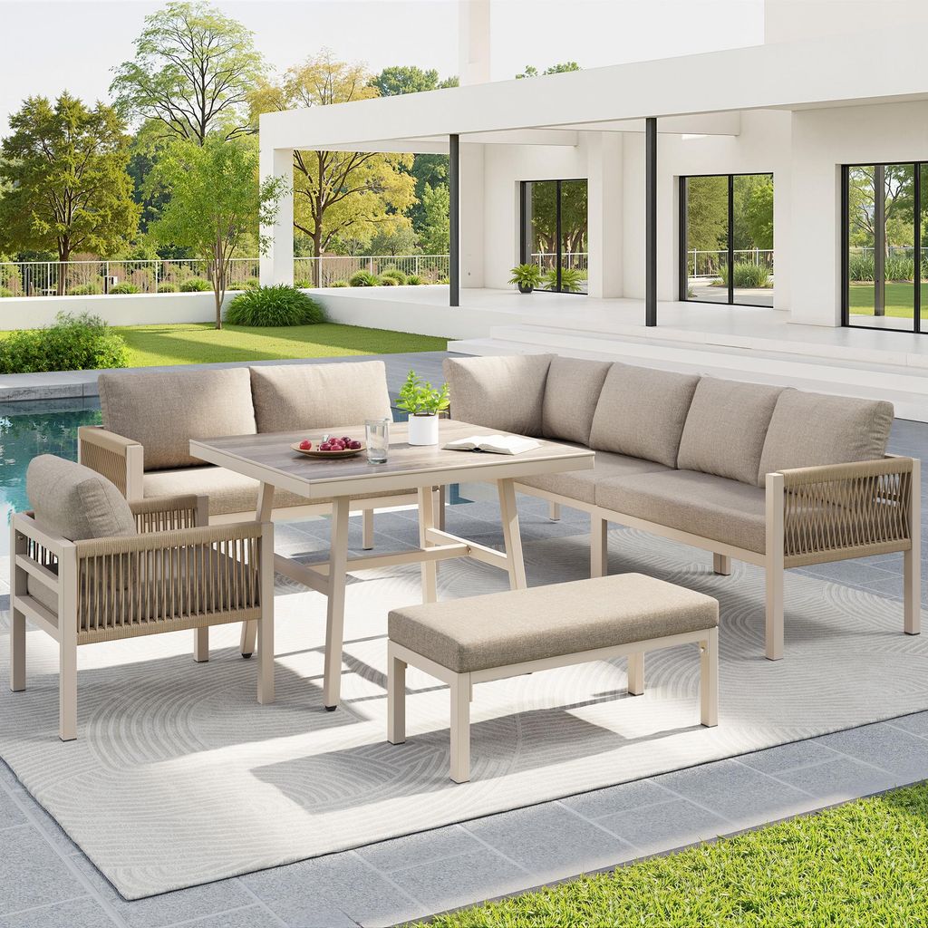 STILVORA Gartensofa L-Form für 8 Personen mit handgeflochtenem Design und robustem Eisengestell, Gartenmöbel-Set komplett mit Tisch Holzoptik-Gla...