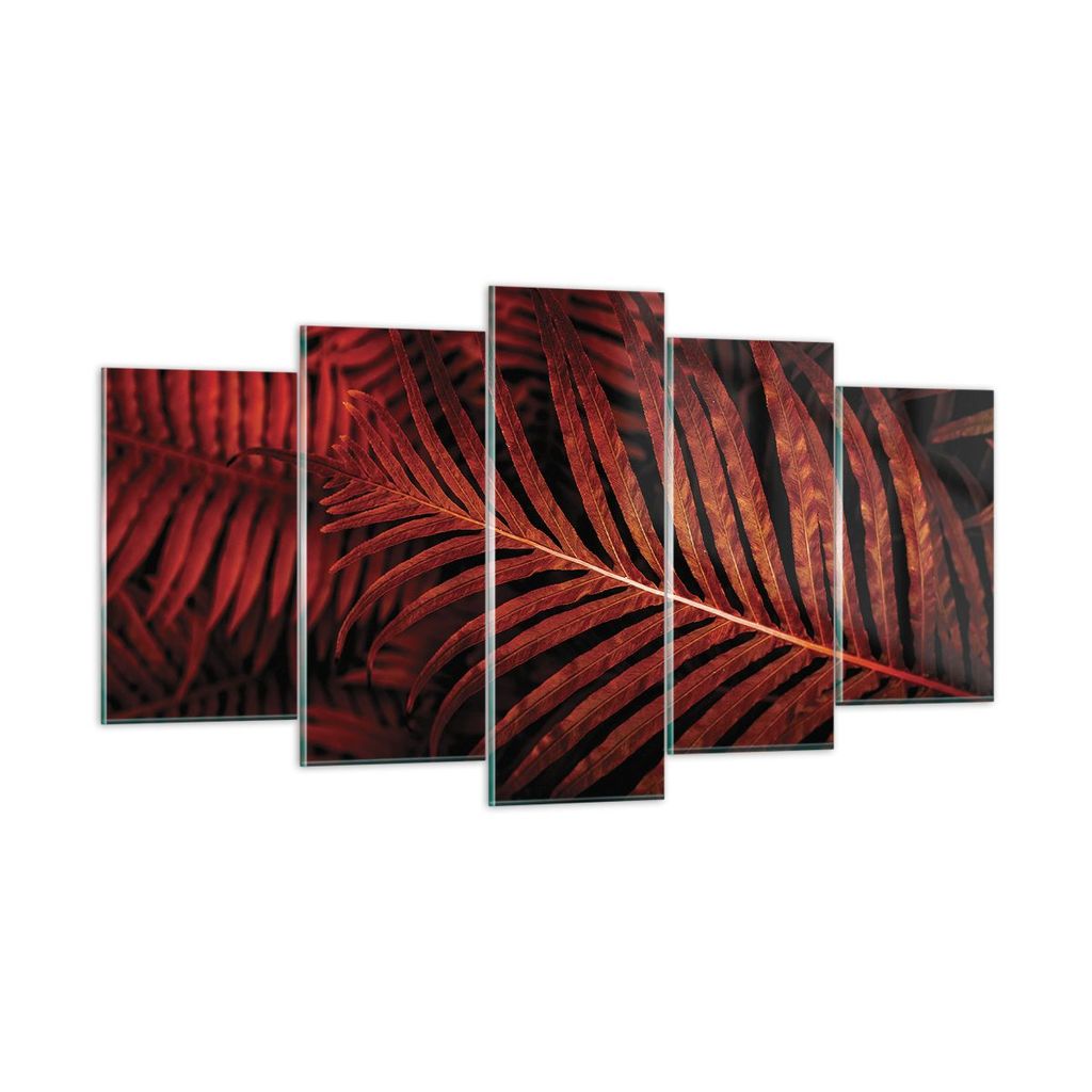 Bilder auf glas - 5 Teile - Rot Blätter Palmen - 160x85cm - Glasbilder - Wandbilder - Bilder - zum Aufhängen bereit - Wanddekoration aus Glas - G...