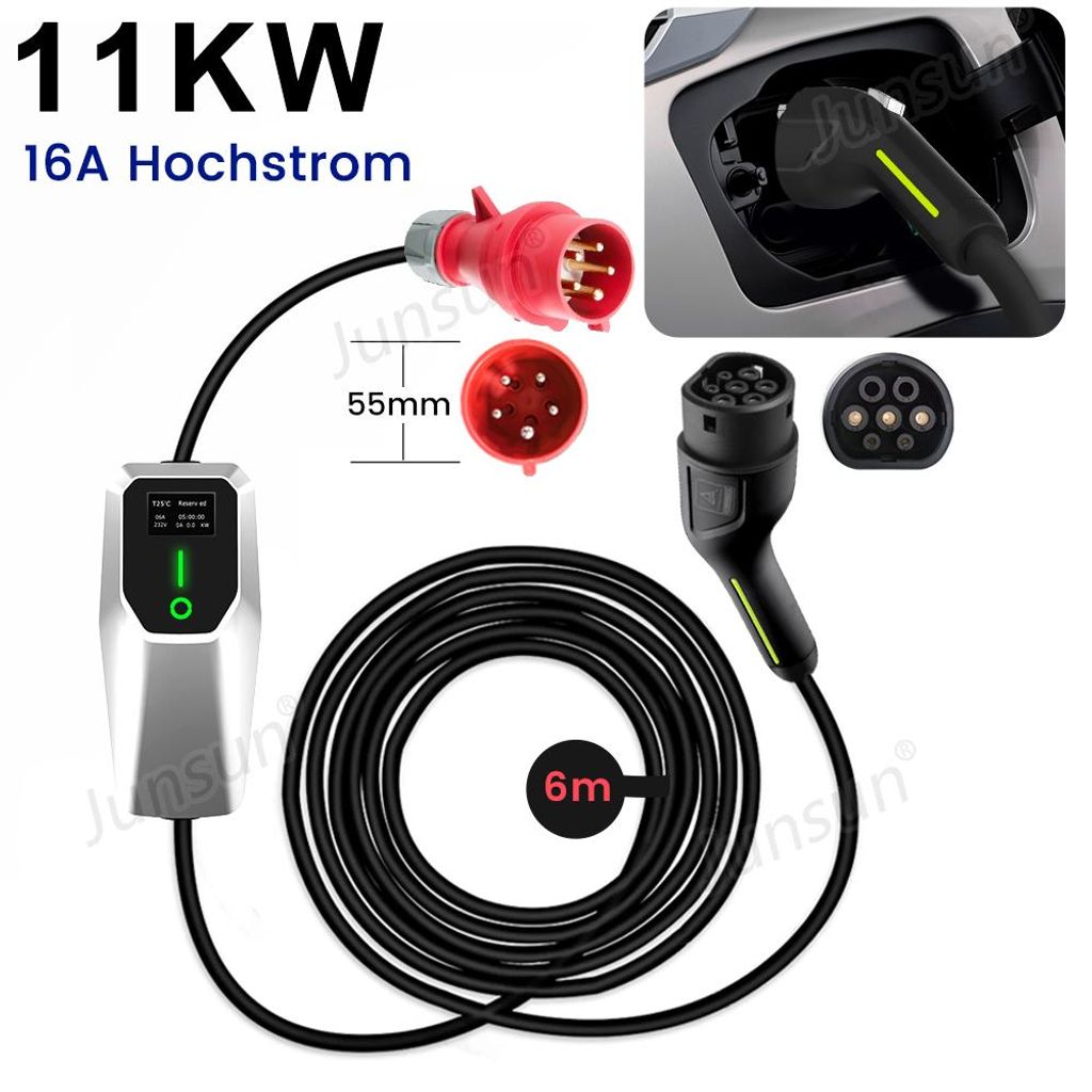 Charging Gun 16A EVSE EU EV Ladekabel Type2 tragbares Ladegerät Box 11KW ev Ladegerät 6m