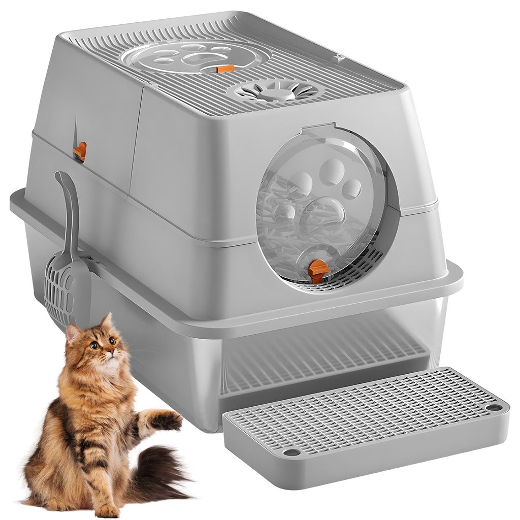 Bac à Litière Chat En Acier Inoxydable, Maison De Toilette Fermée XXL Avec Pelle, Repose-Pied Filtrant, Côtés Hauts, Sans Odeur Pour Aux Grands Chats