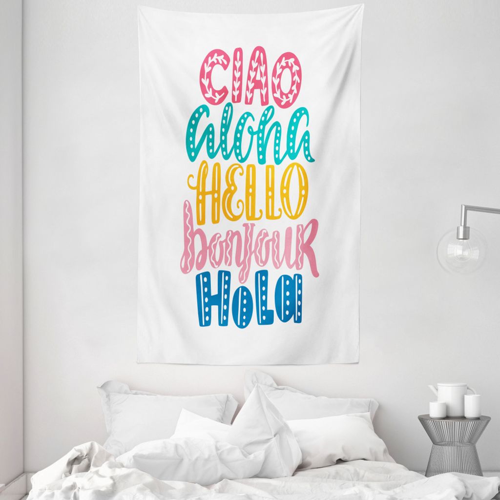 ABAKUHAUS Zitat Wandteppich und Tagesdecke, Hallo verschiedene Sprachen aus Weiches Mikrofaser Stoff Waschbar ohne Verblassen Digitaldruck, 140 x 2...