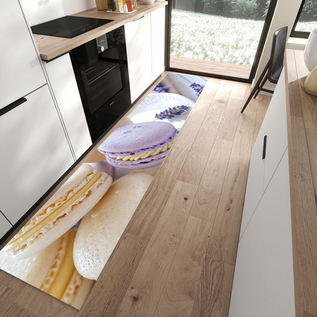Küchenteppich 60x300cm rutschfest & abwischbar PVC Läufer - Lavendel Macarons