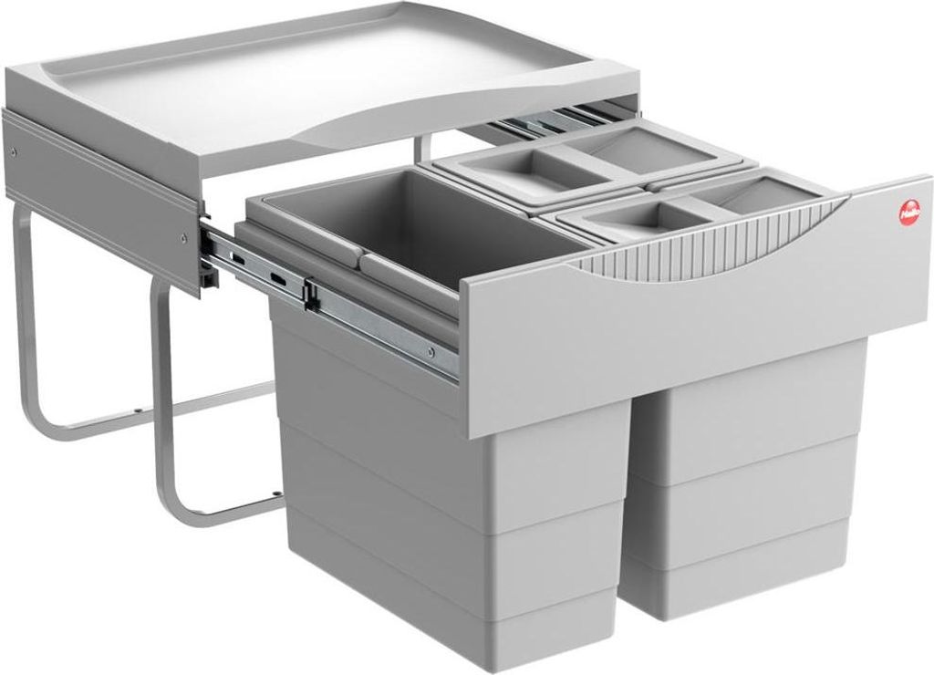 A pull-out kitchen waste bin system with multiple compartments.