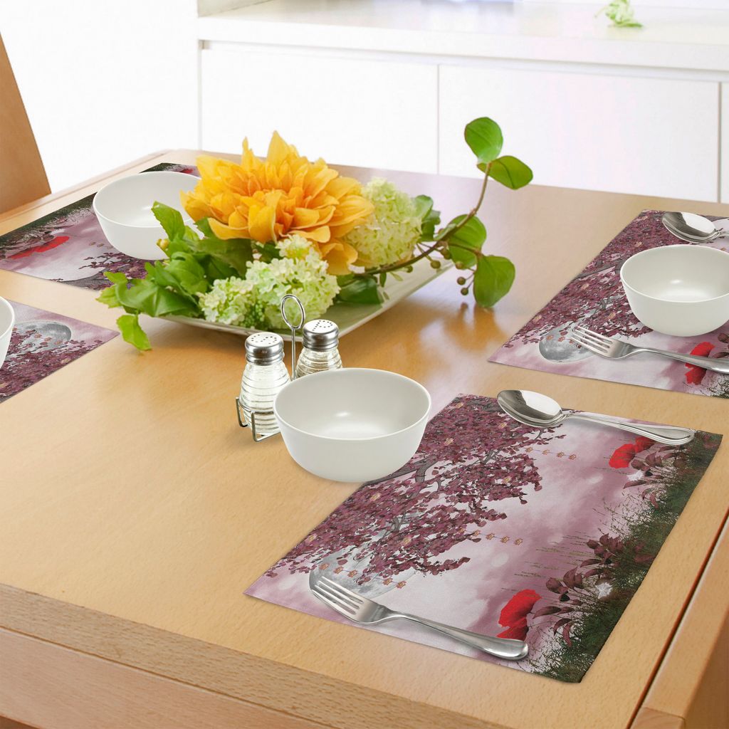ABAKUHAUS Mohn Platzmatten, Traumgarten mit Mohnblumen Vollmond Floral Tree Branches Märchen Paradies Landschaft, Tiscjdeco aus Farbfesten Stoff f...