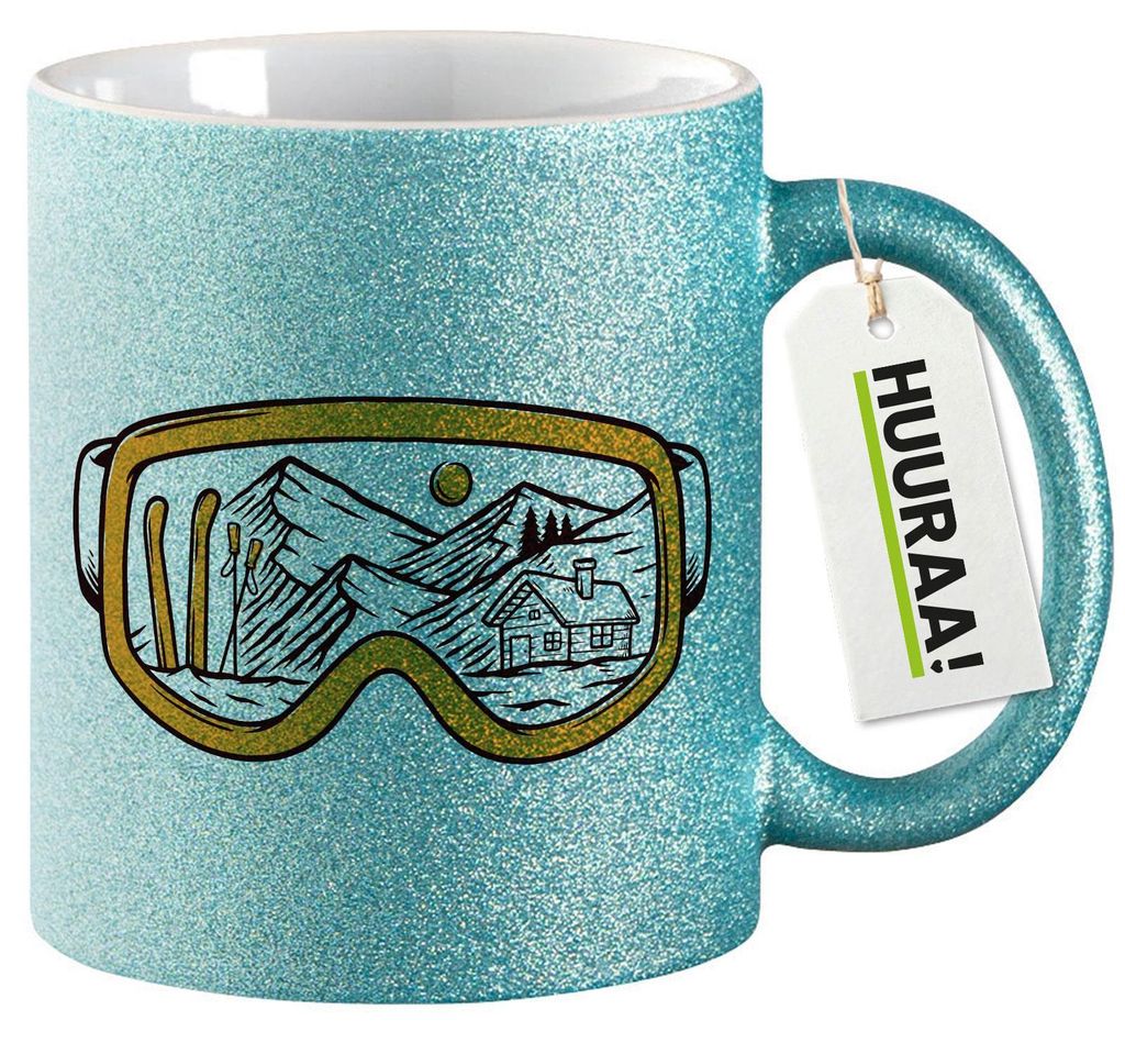 Huuraa Glitzertasse Ski Skibrille 330ml Blau Keramik Kaffeebecher Geschenkidee