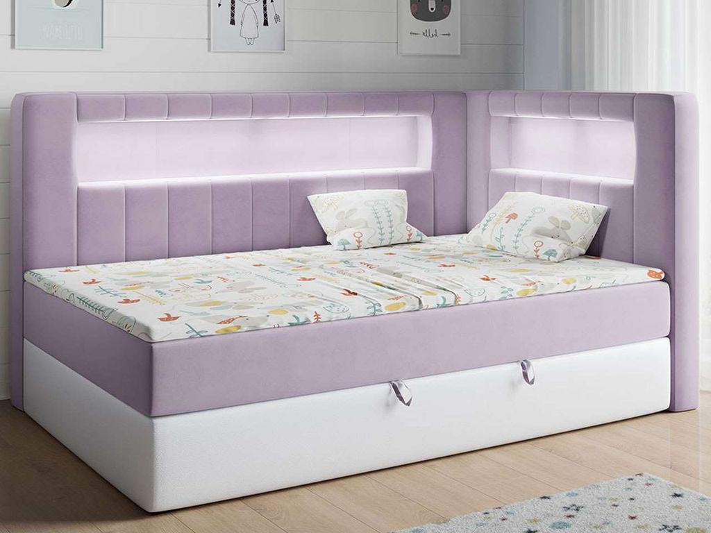 Polsterbett 90x200, Kinderbett mit LED, Matratze und Topper - JUNIOR-GOLD-3 - Violet/Weiß - Rechte Seite